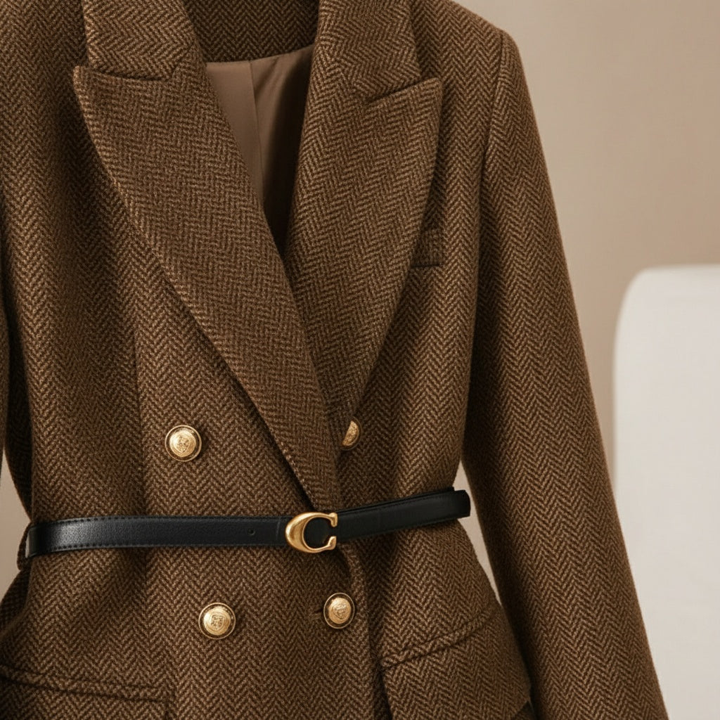 Vilnonis švarkas su dviejų eilių sagomis