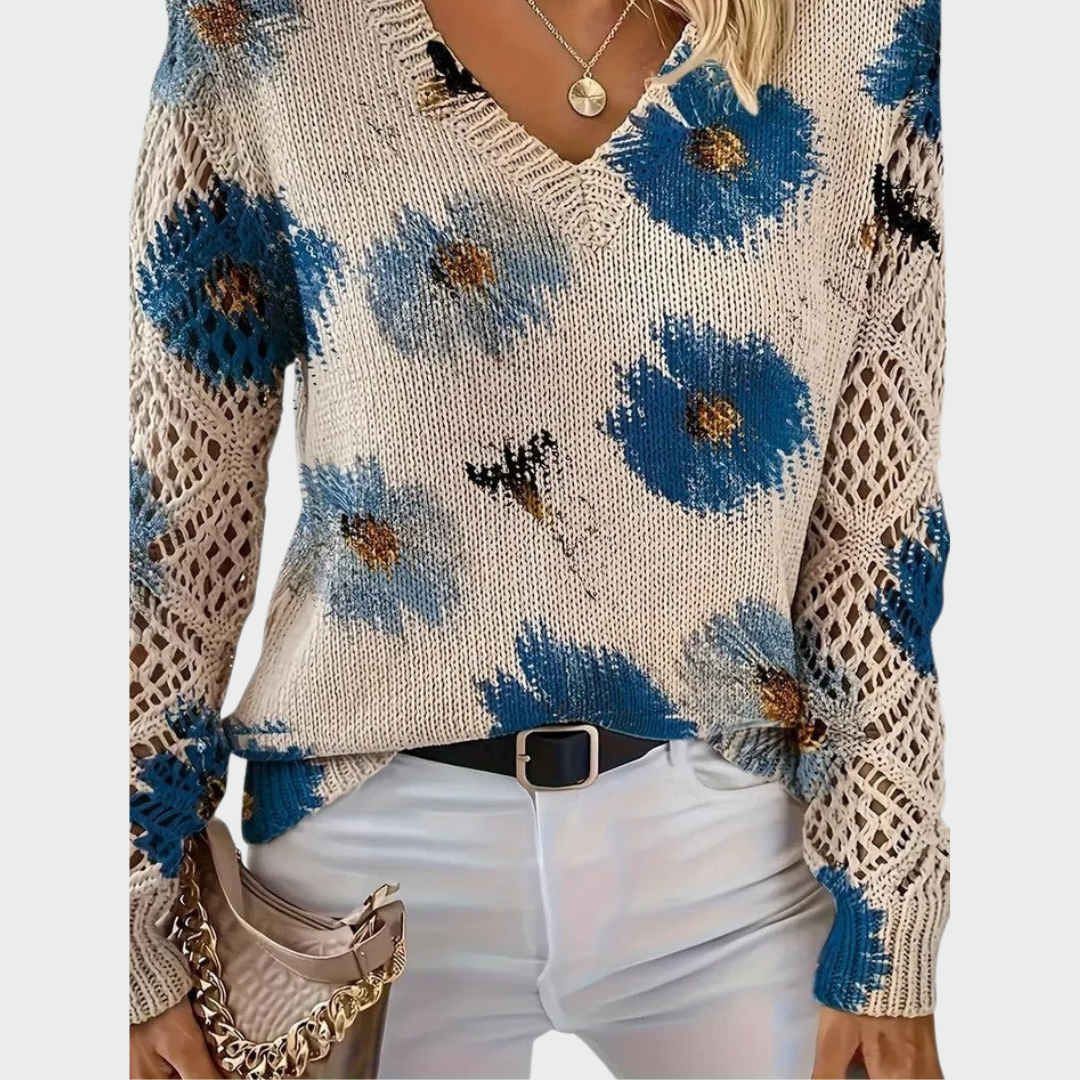 Gabija™ – Elegantiška megzta palaidinė su gėlių raštu