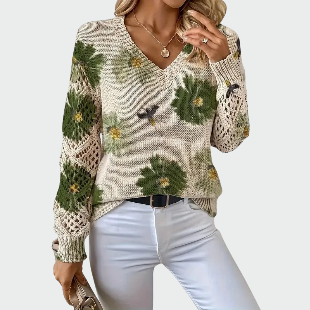 Gabija™ – Elegantiška megzta palaidinė su gėlių raštu