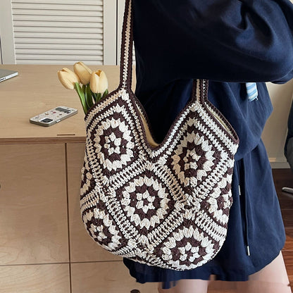 Sac fourre-tout tissé à la main de grande capacité, style rétro ethnique