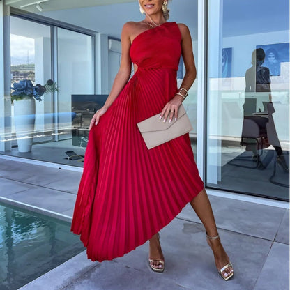 💥50% de réduction 💥Robe longue plissée à une épaule avec ourlet