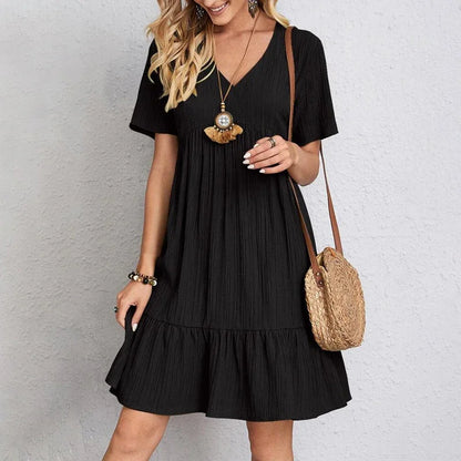 Robe d’Été Bohème Chic – Col V et Manches Courtes