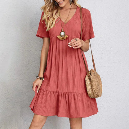 Robe d’Été Bohème Chic – Col V et Manches Courtes