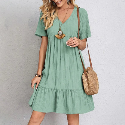 Robe d’Été Bohème Chic – Col V et Manches Courtes