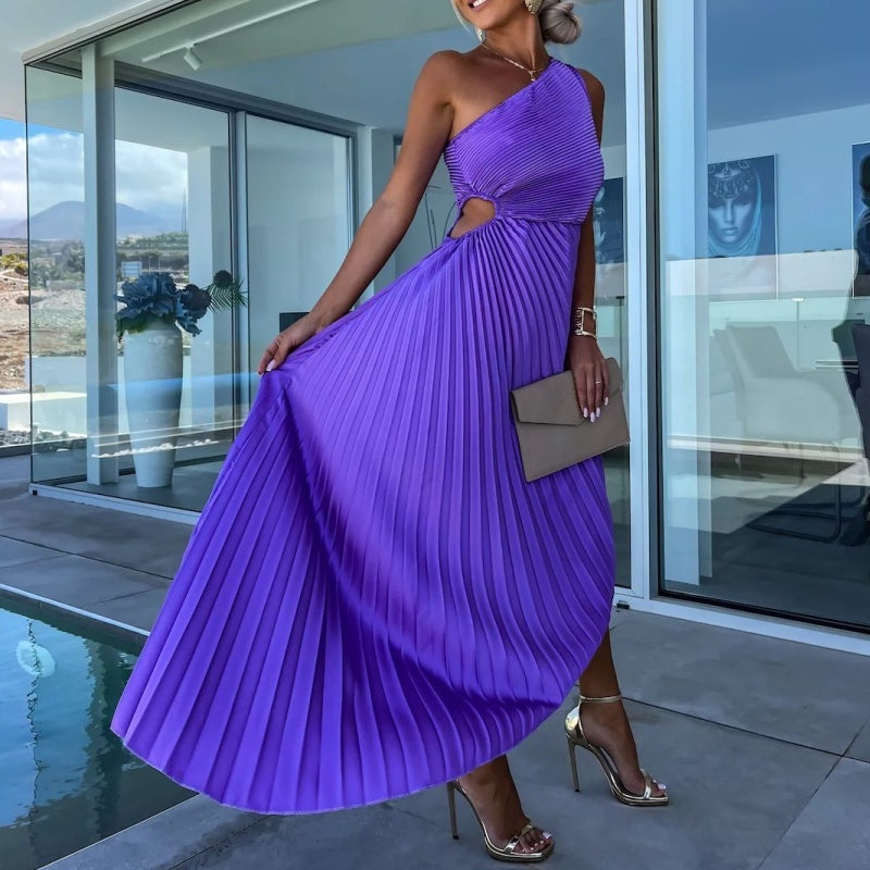 💥50% de réduction 💥Robe longue plissée à une épaule avec ourlet