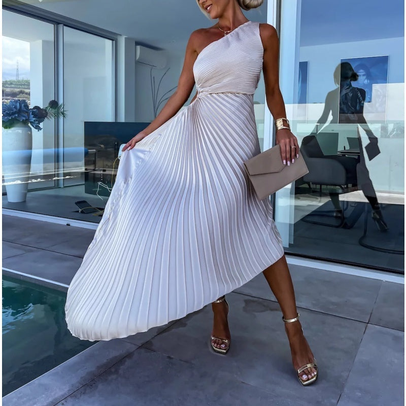 💥50% de réduction 💥Robe longue plissée à une épaule avec ourlet