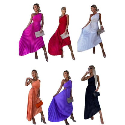 💥50% de réduction 💥Robe longue plissée à une épaule avec ourlet