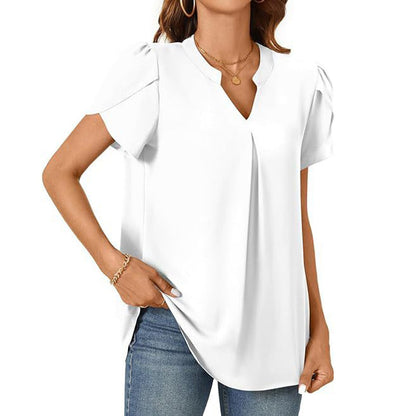 Haut à Manches Courtes de Couleur Unie à Col en V pour Femmes