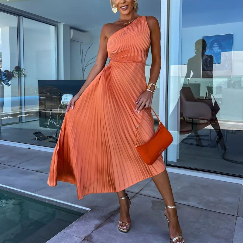 💥50% de réduction 💥Robe longue plissée à une épaule avec ourlet