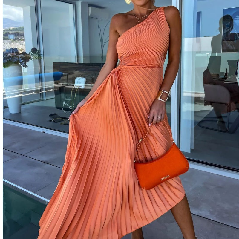 💥50% de réduction 💥Robe longue plissée à une épaule avec ourlet
