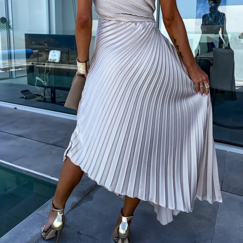 💥50% de réduction 💥Robe longue plissée à une épaule avec ourlet