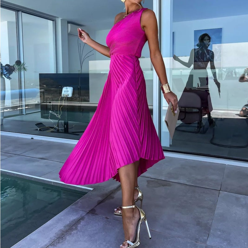 💥50% de réduction 💥Robe longue plissée à une épaule avec ourlet