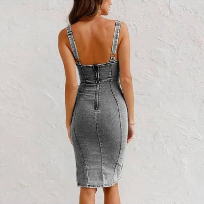 Robe camisole moulante fendue en denim à bretelles réglables et col en U