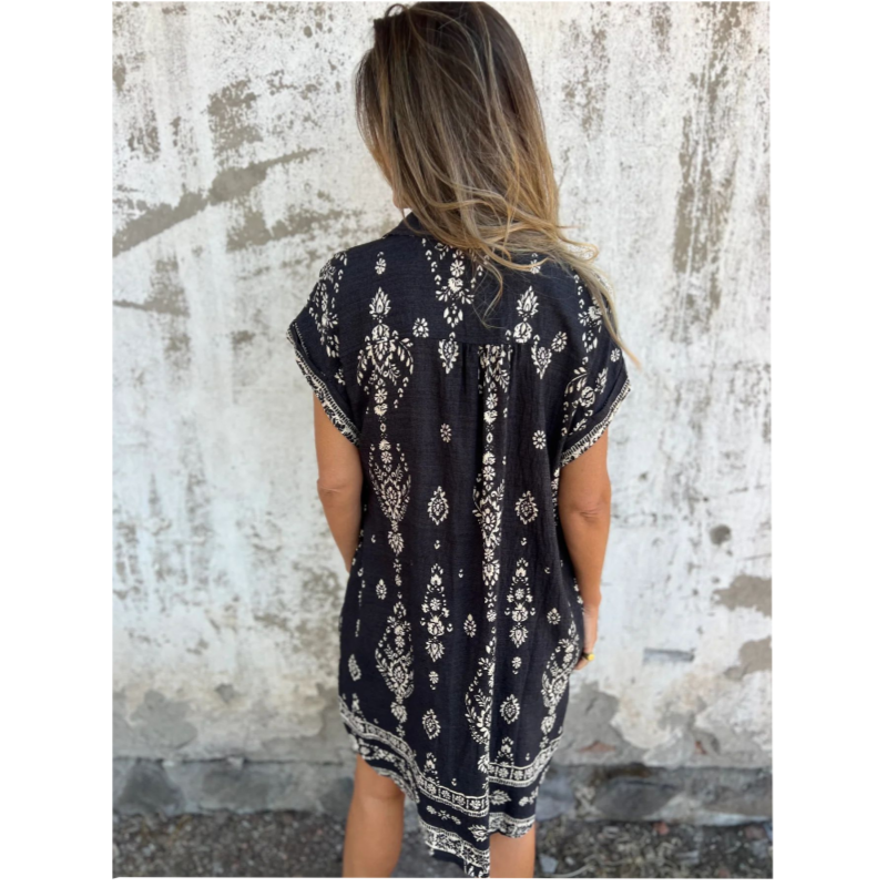 Robe Ample Imprimée à Manches Courtes avec Poches