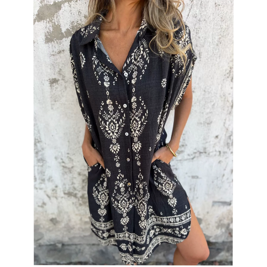 Robe Ample Imprimée à Manches Courtes avec Poches