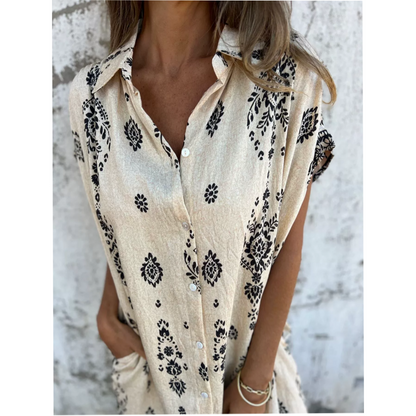Robe Ample Imprimée à Manches Courtes avec Poches
