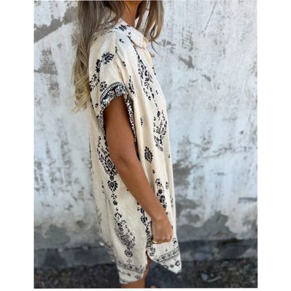 Robe Ample Imprimée à Manches Courtes avec Poches