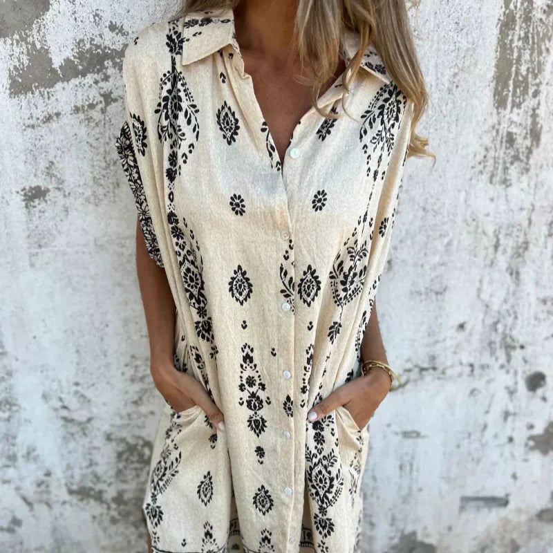 Robe Ample Imprimée à Manches Courtes avec Poches