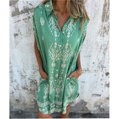 Robe Ample Imprimée à Manches Courtes avec Poches
