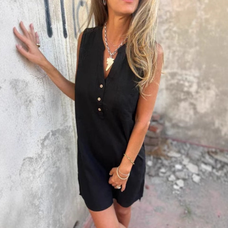 Robe sans manches à col en V et à poches boutonnées pour femmes