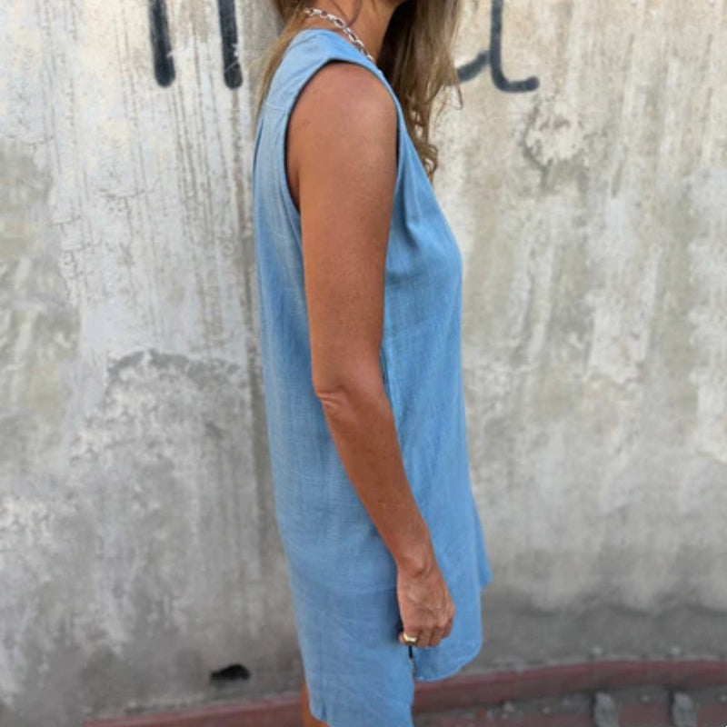 Robe sans manches à col en V et à poches boutonnées pour femmes