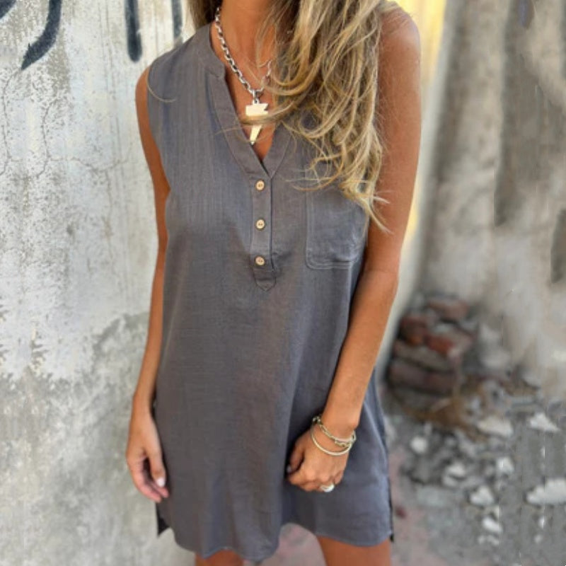 Robe sans manches à col en V et à poches boutonnées pour femmes