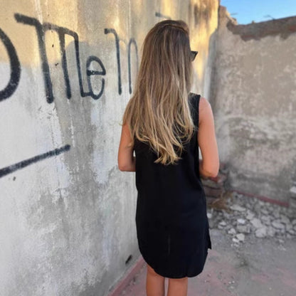 Robe sans manches à col en V et à poches boutonnées pour femmes