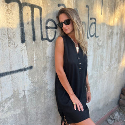 Robe sans manches à col en V et à poches boutonnées pour femmes