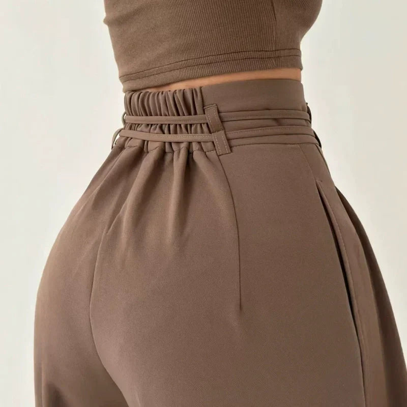 Pantalon uni pour femme, taille haute et coupe droite