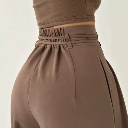 Pantalon uni pour femme, taille haute et coupe droite