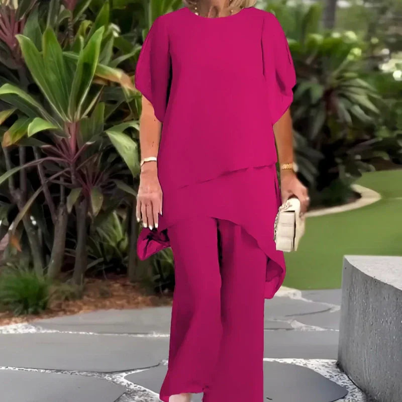 Deux-pièces pour femmes : Charmant top asymétrique & pantalon à jambes larges