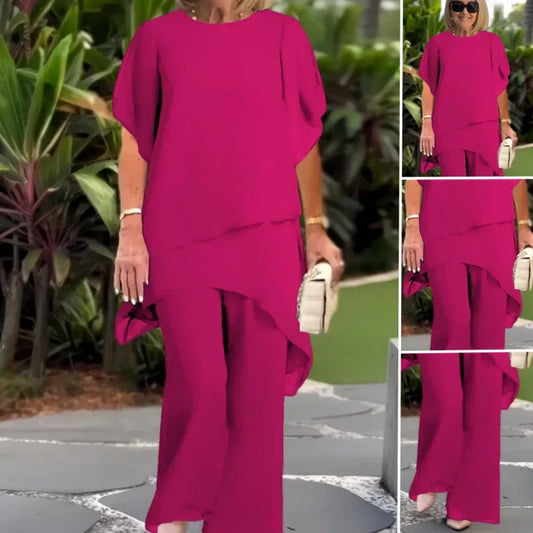 Deux-pièces pour femmes : Charmant top asymétrique & pantalon à jambes larges