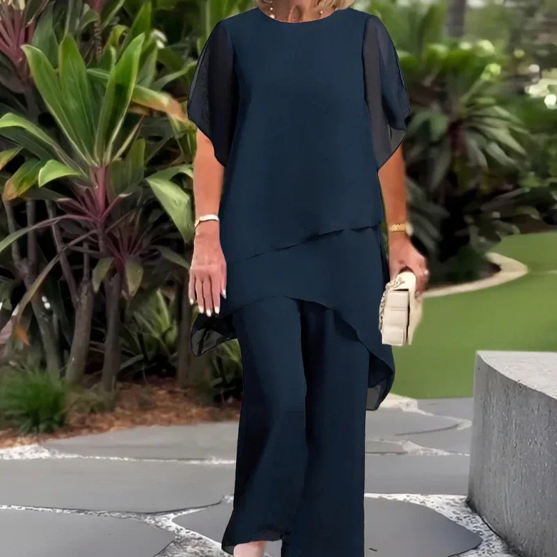Deux-pièces pour femmes : Charmant top asymétrique & pantalon à jambes larges