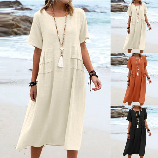 💃Dame col rond coton lin robe midi