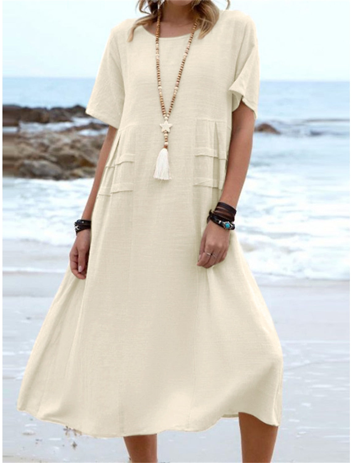 💃Dame col rond coton lin robe midi
