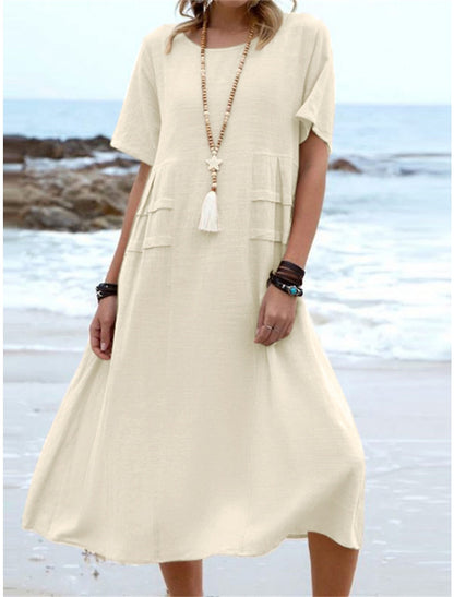 💃Dame col rond coton lin robe midi