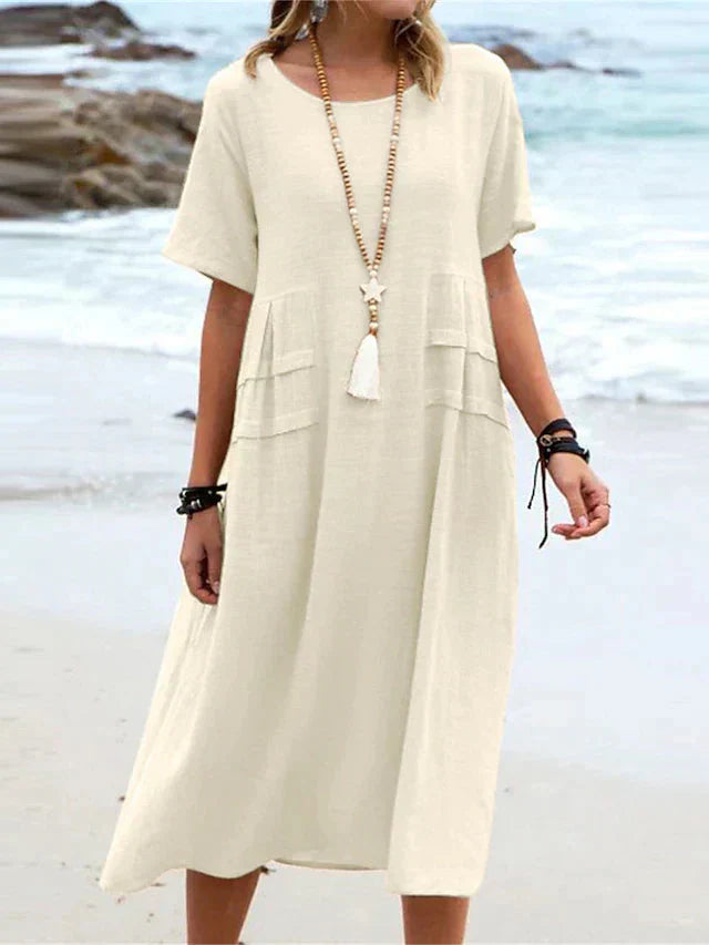 💃Dame col rond coton lin robe midi
