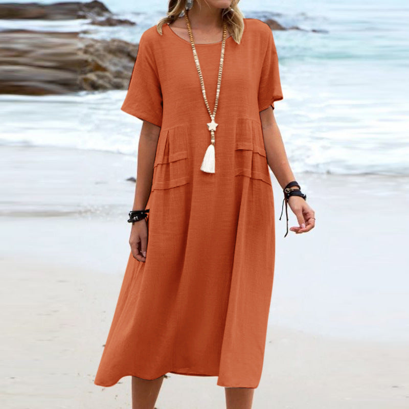 💃Dame col rond coton lin robe midi