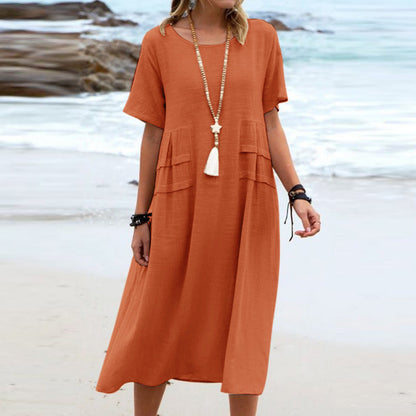 💃Dame col rond coton lin robe midi