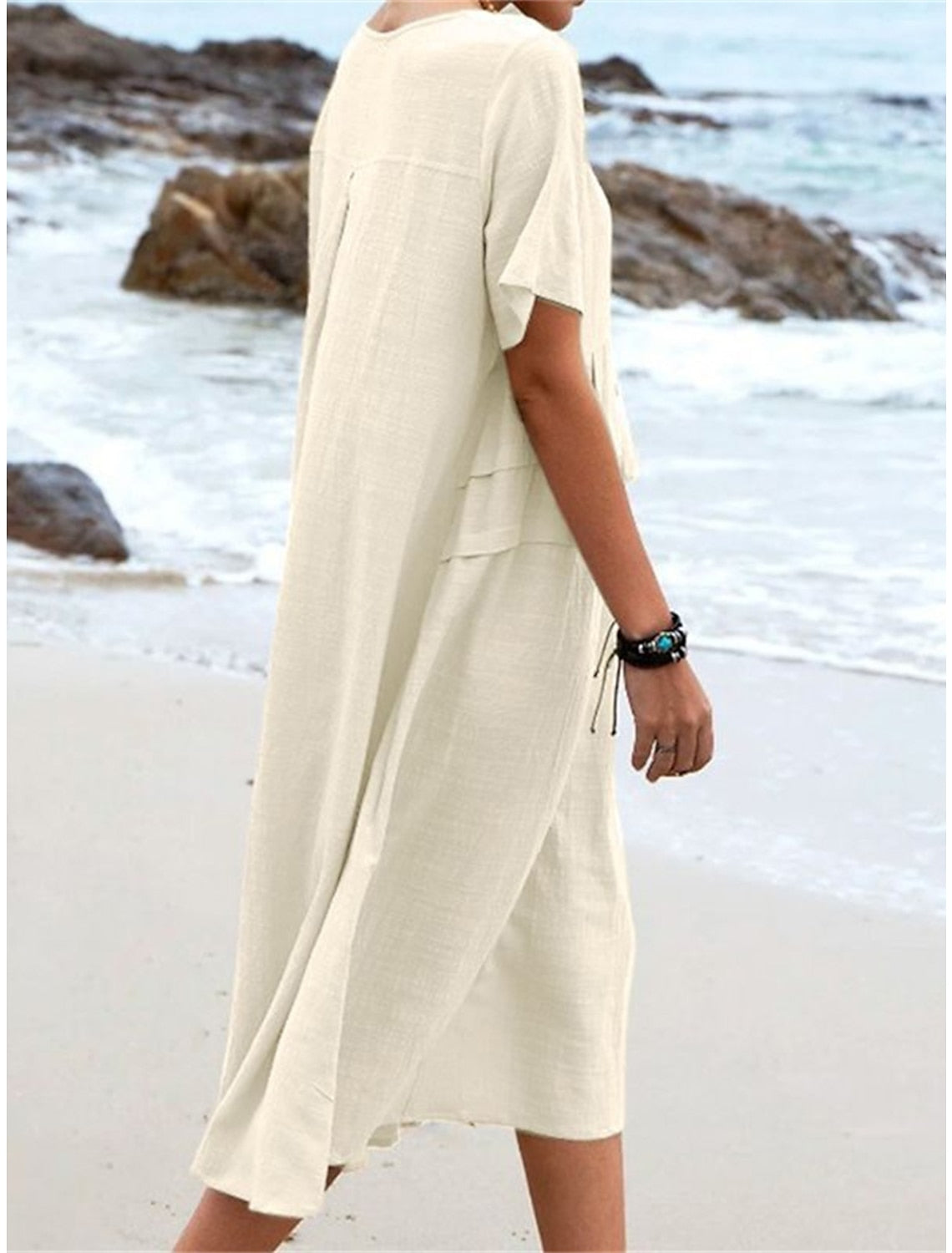💃Dame col rond coton lin robe midi