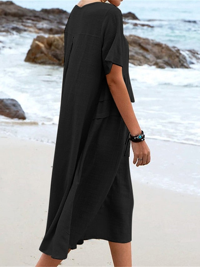 💃Dame col rond coton lin robe midi