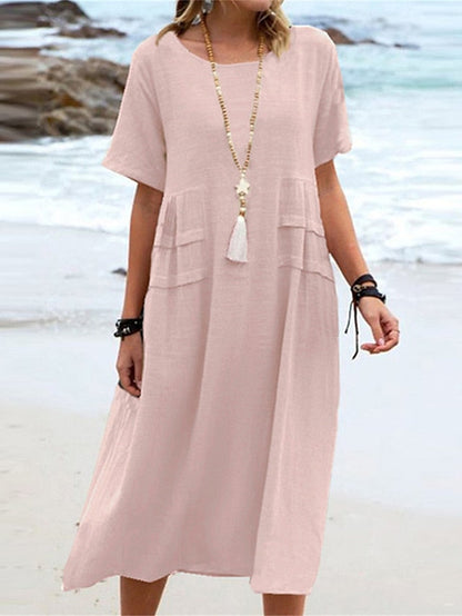 💃Dame col rond coton lin robe midi