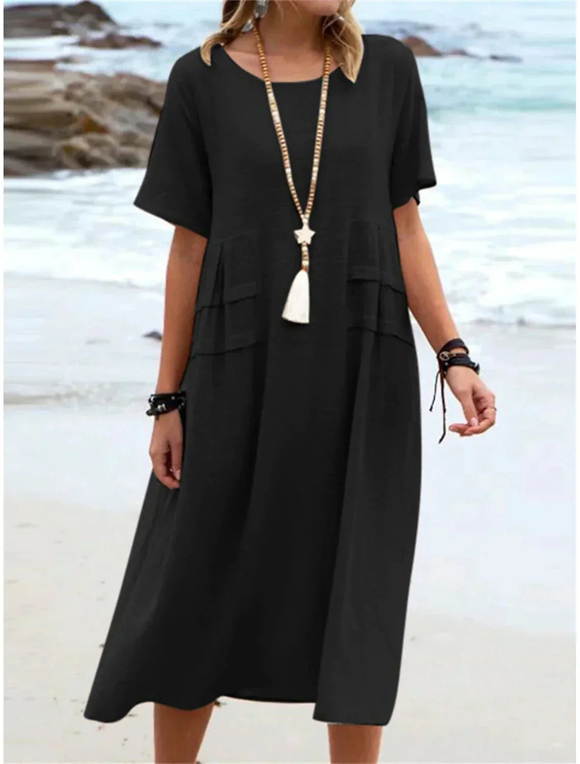 💃Dame col rond coton lin robe midi