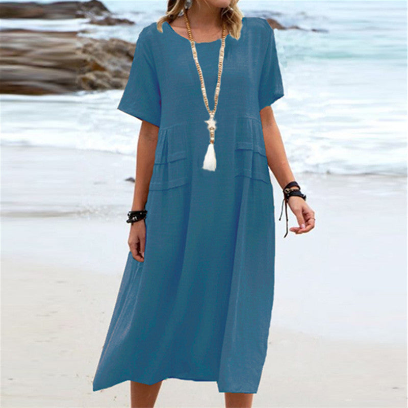 💃Dame col rond coton lin robe midi