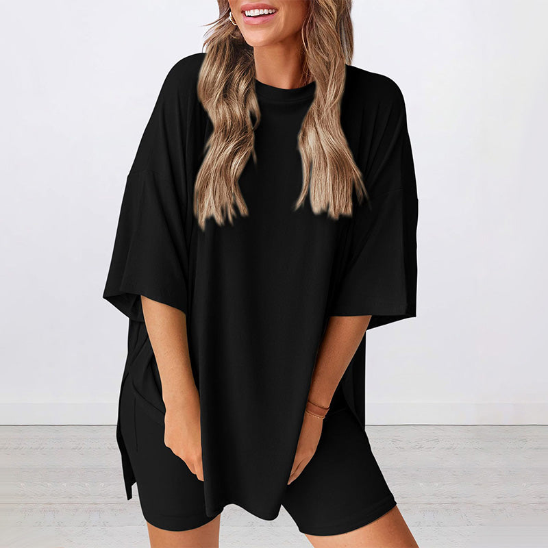 ⏳Durée limitée -50 %💥Ensemble deux pièces ample, tendance, de couleur unie, décontracté avec manches courtes et short