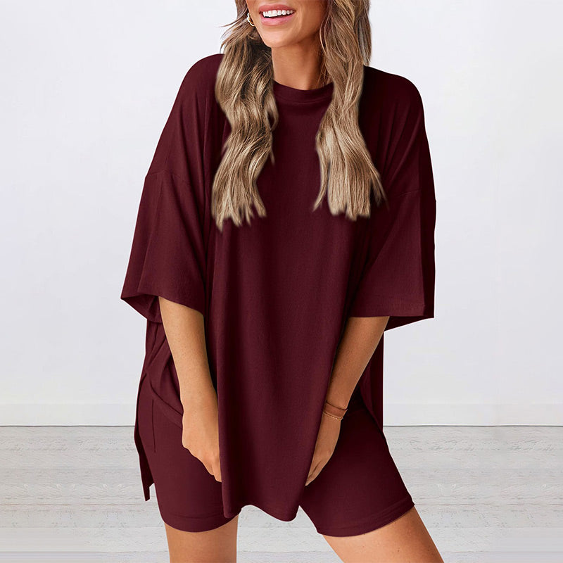 ⏳Durée limitée -50 %💥Ensemble deux pièces ample, tendance, de couleur unie, décontracté avec manches courtes et short