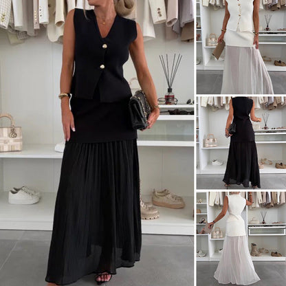 ✨2025 Soldes d'été✨💃Ensemble femme gilet en maille avec boutons dorés et jupe
