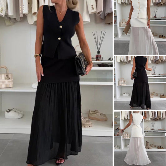 ✨2025 Soldes d'été✨💃Ensemble femme gilet en maille avec boutons dorés et jupe