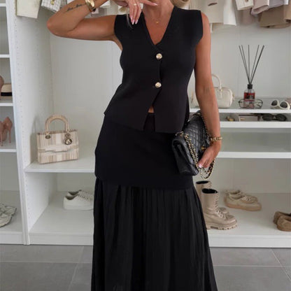 ✨2025 Soldes d'été✨💃Ensemble femme gilet en maille avec boutons dorés et jupe