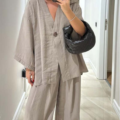 Haut à col en V et pantalon large pour femme Ensemble 2 pièces de couleur unie